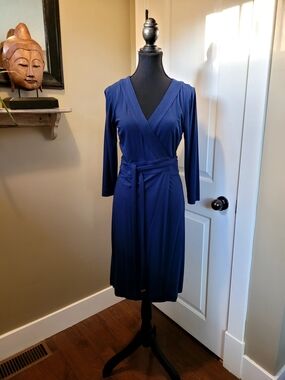 Ann Taylor Deep Blue Wrap Midi Dress with Self Tie